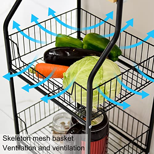 POCHY Multipurpose Kitchen Storage Wagon Rolling Grocery Cart with Metal Mesh Drawers，Wooden Countertop Pulley Storage Trolley Home Office Shelves Black