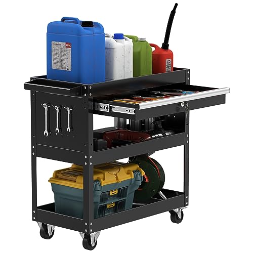 3 Tier Rolling Tool Cart Utility Cart on Wheels, Heavy Duty Tool Chest Storage Tool Box Cart, Industrial Mechanic Service Cart with Locked Drawers for Garage, Warehouse, Repair Shop, Workshop (Black)