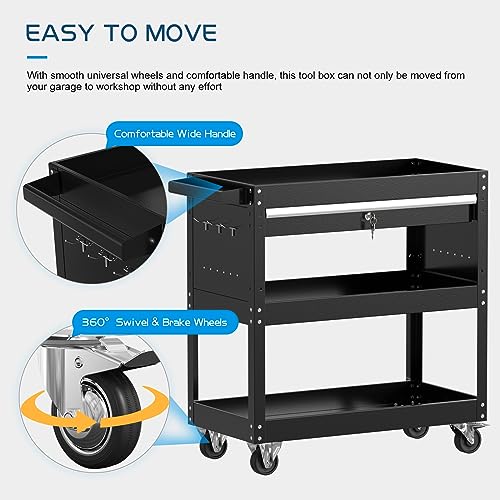 3 Tier Rolling Tool Cart Utility Cart on Wheels, Heavy Duty Tool Chest Storage Tool Box Cart, Industrial Mechanic Service Cart with Locked Drawers for Garage, Warehouse, Repair Shop, Workshop (Black)