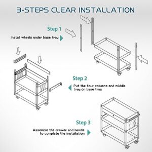 3 Tier Rolling Tool Cart Utility Cart on Wheels, Heavy Duty Tool Chest Storage Tool Box Cart, Industrial Mechanic Service Cart with Locked Drawers for Garage, Warehouse, Repair Shop, Workshop (Black)