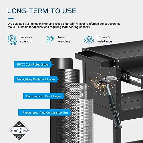 3 Tier Rolling Tool Cart Utility Cart on Wheels, Heavy Duty Tool Chest Storage Tool Box Cart, Industrial Mechanic Service Cart with Locked Drawers for Garage, Warehouse, Repair Shop, Workshop (Black)