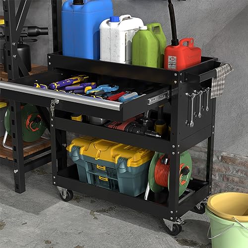 3 Tier Rolling Tool Cart Utility Cart on Wheels, Heavy Duty Tool Chest Storage Tool Box Cart, Industrial Mechanic Service Cart with Locked Drawers for Garage, Warehouse, Repair Shop, Workshop (Black)