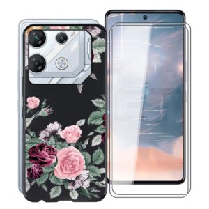 kjyfoani for infinix gt 10 pro case, with [ 2 x tempered glass protective film], black soft silicone protection sleeves shockproof bumper case for infinix gt 10 pro (6.67") - rose flower