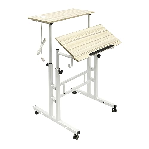 GDAE10 Mobile Stand Up Desk, Adjustable Standing Desk with Wheels Home Office Workstation, Portable Rolling Desk Laptop Cart (Beige)