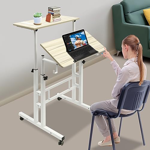 GDAE10 Mobile Stand Up Desk, Adjustable Standing Desk with Wheels Home Office Workstation, Portable Rolling Desk Laptop Cart (Beige)