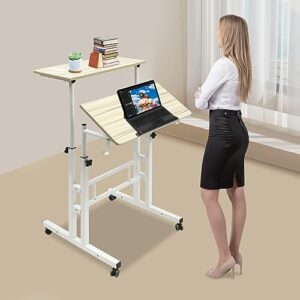 GDAE10 Mobile Stand Up Desk, Adjustable Standing Desk with Wheels Home Office Workstation, Portable Rolling Desk Laptop Cart (Beige)