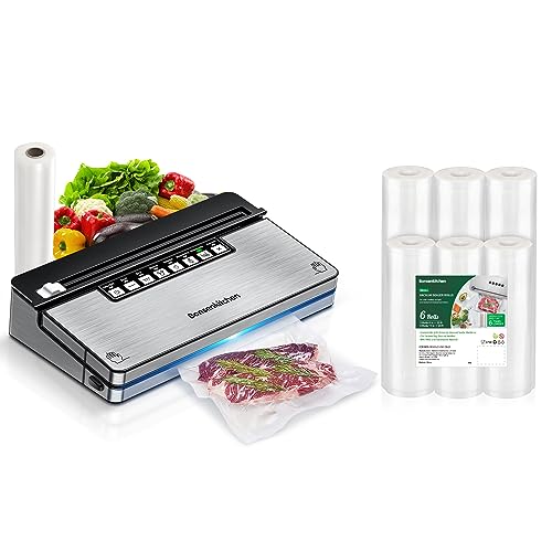 Bonsenkitchen Vacuum Sealer Machine, Stainless Steel Vacuum Food Sealer with 8-in-1 Vacuum Sealing System, 6 Food Vacuum Modes, Built-in Cutter and Bag Storage, Compact Design w/Starter Kit