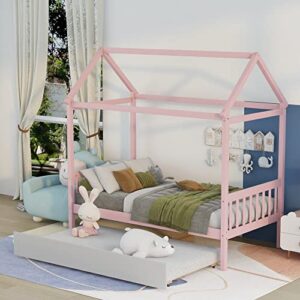 prohon twin size platform bed with trundle & headboard, house bed with roof design, wooden bed frame strong slats support, bedframe for kids teen adults, no box spring needed, pink