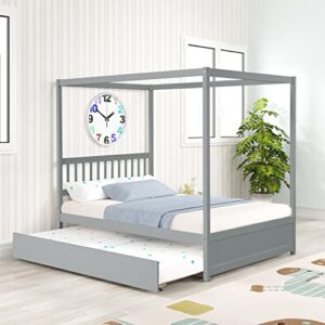 hausheck full size canopy bed frame with trundle, four-poster canopy platform bed frame with headboard for kids, teen, adults, sturdy wooden slatted structure, no box spring needed, easy assembly