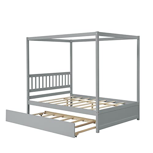 HAUSHECK Full Size Canopy Bed Frame with Trundle, Four-Poster Canopy Platform Bed Frame with Headboard for Kids, Teen, Adults, Sturdy Wooden Slatted Structure, No Box Spring Needed, Easy Assembly