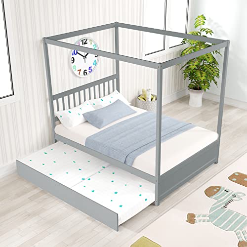 HAUSHECK Full Size Canopy Bed Frame with Trundle, Four-Poster Canopy Platform Bed Frame with Headboard for Kids, Teen, Adults, Sturdy Wooden Slatted Structure, No Box Spring Needed, Easy Assembly