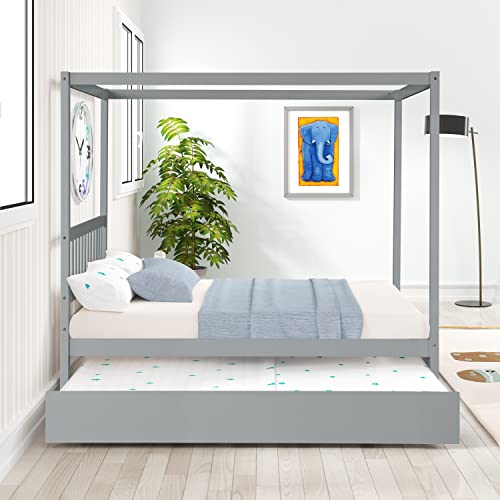 HAUSHECK Full Size Canopy Bed Frame with Trundle, Four-Poster Canopy Platform Bed Frame with Headboard for Kids, Teen, Adults, Sturdy Wooden Slatted Structure, No Box Spring Needed, Easy Assembly