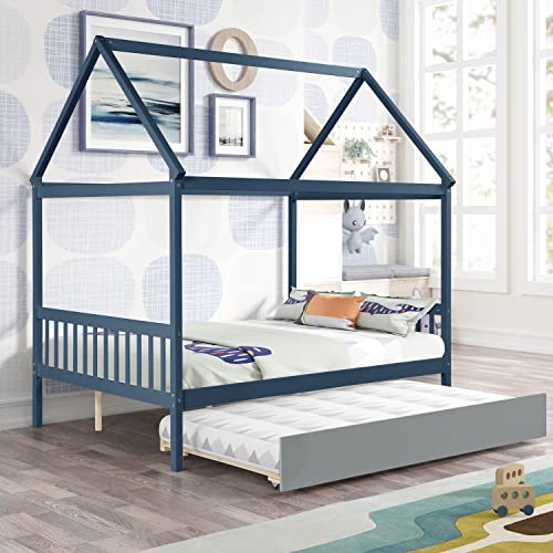 HAUSHECK Toddlers Montessori Bed with Trundle, Full Size Montessori Bed Frame with Headboard & Footboard, House Bed Fun Playhouse for Kids Boys & Grils, No Box Spring Needed, Wooden Slatted Support