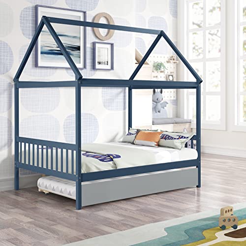 HAUSHECK Toddlers Montessori Bed with Trundle, Full Size Montessori Bed Frame with Headboard & Footboard, House Bed Fun Playhouse for Kids Boys & Grils, No Box Spring Needed, Wooden Slatted Support