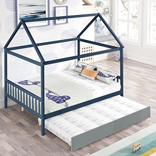 HAUSHECK Toddlers Montessori Bed with Trundle, Full Size Montessori Bed Frame with Headboard & Footboard, House Bed Fun Playhouse for Kids Boys & Grils, No Box Spring Needed, Wooden Slatted Support