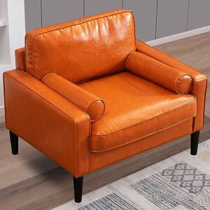 BALUS Faux Leather Accent Sofa Couch | Mid-Century Single Sofa Futon with Bolster Cushions | Upholstered Brown Furniture | Small Couch for Living Room Apartment