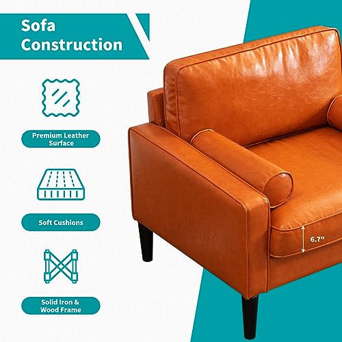 BALUS Faux Leather Accent Sofa Couch | Mid-Century Single Sofa Futon with Bolster Cushions | Upholstered Brown Furniture | Small Couch for Living Room Apartment