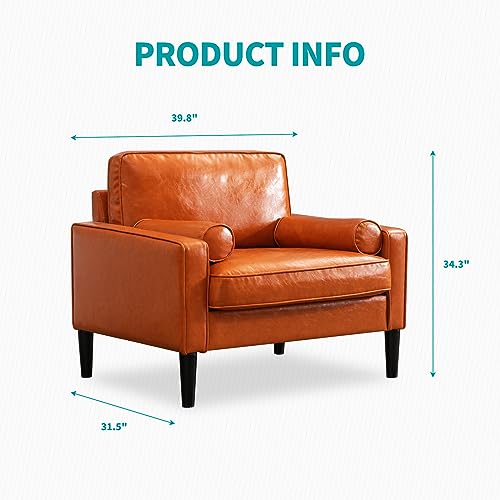 BALUS Faux Leather Accent Sofa Couch | Mid-Century Single Sofa Futon with Bolster Cushions | Upholstered Brown Furniture | Small Couch for Living Room Apartment