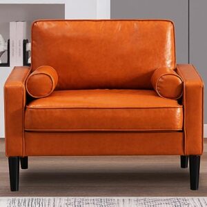 BALUS Faux Leather Accent Sofa Couch | Mid-Century Single Sofa Futon with Bolster Cushions | Upholstered Brown Furniture | Small Couch for Living Room Apartment