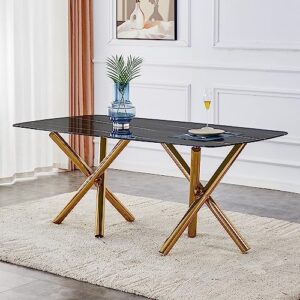 71’’ modern glass dining table for 8, large rectangular dining room table with golden metal legs, minimalist kitchen table for restaurant, meeting room, imitation marble black desktop