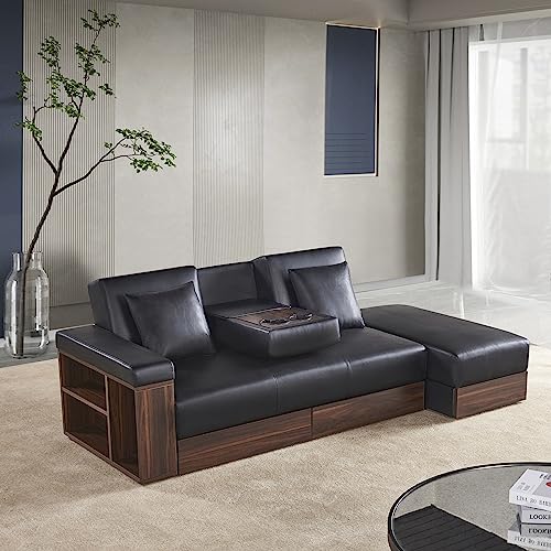 FULife Multi-Functional Futon Sofa Loveseat Convertible Sleeper Couch Bed Daybed with 2 Cup Holders, Drawers and Storage Box Can Be Used As Tea Table and Pedal for Living Room Small Space