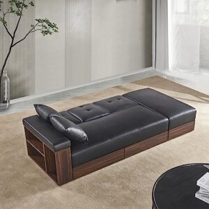 FULife Multi-Functional Futon Sofa Loveseat Convertible Sleeper Couch Bed Daybed with 2 Cup Holders, Drawers and Storage Box Can Be Used As Tea Table and Pedal for Living Room Small Space