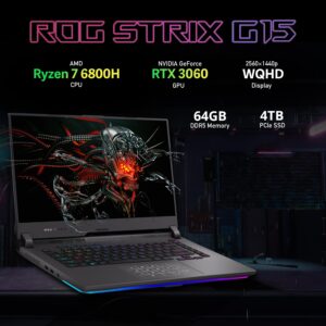 ASUS ROG Strix G15 15.6” WQHD Gaming Laptop, AMD Ryzen7 6800H, NVIDIA GeForce RTX 3060, 64GB DDR5 RAM, 4TB SSD, Thermal Grizzly Cooling, RGB Keyboard, VR-Ready, Gray, Win 11 Pro, 32GB USB Card