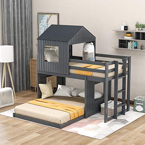 LCH Bunk Bed,Wooden Twin Over Full Bunk Bed for Bedroom,Guest Room and Dorm,Loft Bed with Playhouse,Farmhouse,Ladder and Guardrails for Kids,Teens,Boys and Girls,No Box Spring Needed,Gray