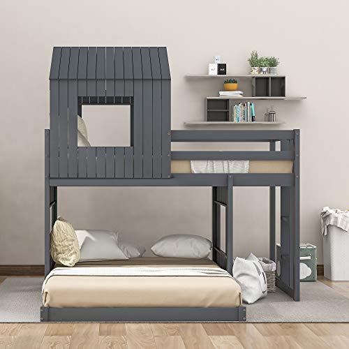 LCH Bunk Bed,Wooden Twin Over Full Bunk Bed for Bedroom,Guest Room and Dorm,Loft Bed with Playhouse,Farmhouse,Ladder and Guardrails for Kids,Teens,Boys and Girls,No Box Spring Needed,Gray