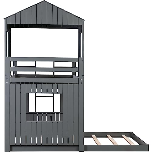 LCH Bunk Bed,Wooden Twin Over Full Bunk Bed for Bedroom,Guest Room and Dorm,Loft Bed with Playhouse,Farmhouse,Ladder and Guardrails for Kids,Teens,Boys and Girls,No Box Spring Needed,Gray