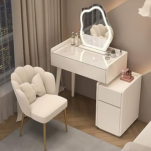 Attega Cute Vanity Desk Set, Makeup Vanity Table with Side Cabinet and Petal Chair, Dressing Table Set for Small Bedroom (White, 19 Inch)