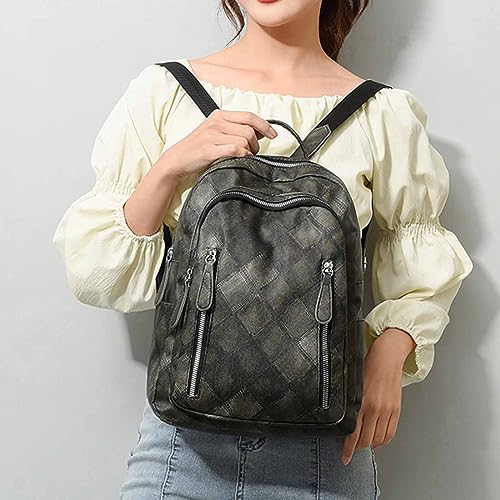 Backpack For Men Women Ladies Fashion Colorful Diamond Panel Soft Leather Zipper Retro Casual Backpack (Black, One Size)