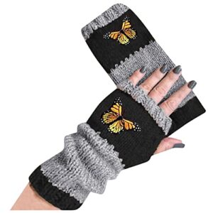 liuyffan mittens for women cold weather heated hook gloves woolen flower small warm gloves women hand cotton handmade gloves (black, one size)
