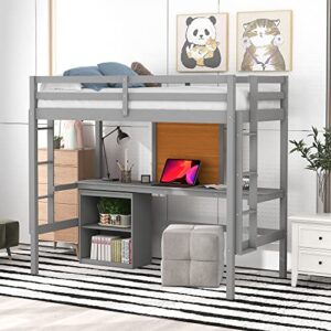 lch loft bed,twin size loft bed with desk and writing board for bedroom,guest room and dorm, wooden loft bed with desk and two drawers cabinet for kids,teens,boys,girls,no box spring needed,gray