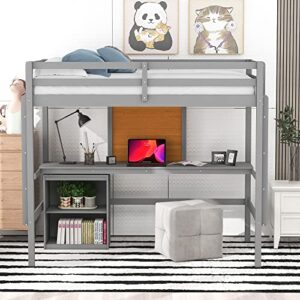 LCH Loft Bed,Twin Size Loft Bed with Desk and Writing Board for Bedroom,Guest Room and Dorm, Wooden Loft Bed with Desk and Two Drawers Cabinet for Kids,Teens,Boys,Girls,No Box Spring Needed,Gray
