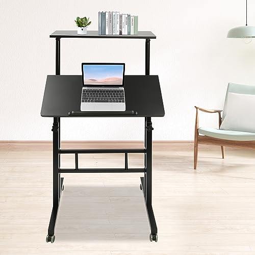 PIOJNYEN Mobile Stand up Desk, Small Adjustable Standing Desk with Wheels Home Office Workstation, Portable Rolling Desk Laptop Cart for Standing or Sitting, Black (23.62 * 11.81in, Black)