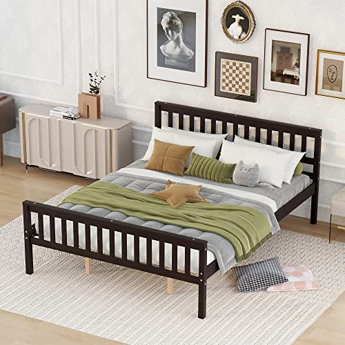 Prohon Queen Size Bed Frame with Vertical Openwork Design Headboard & Footboard, Wooden Platform Bed with Large Underbed Storage Space, Simple Style Bedframe, No Box Spring Needed, Espresso