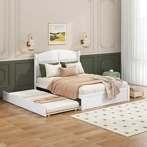 Queen Size Platform Bed with Twin Size Trundle and 2 Drawers, Wood Platform Bed with Sturdy Wooden Slat Support for Kids Teens Girls Boys, No Box Spring Needed (White)