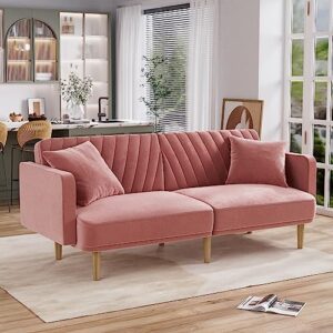 ouyessir futon sofa bed, convertible sleeper sofa with wood legs, 74.5“ splitback sofa with 2 pillows, velvet futon couch for living room (rose pink)