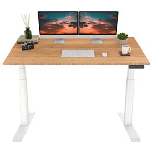 flexispot e8 dual motor 3 stages bamboo electric standing desk 60x30 inch oval leg whole-piece board height adjustable desk electric stand up desk sit stand desk (white frame + bamboo desktop)