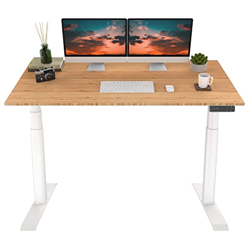 FLEXISPOT E8 Dual Motor 3 Stages Bamboo Electric Standing Desk 60x30 Inch Oval Leg Whole-Piece Board Height Adjustable Desk Electric Stand Up Desk Sit Stand Desk (White Frame + Bamboo Desktop)