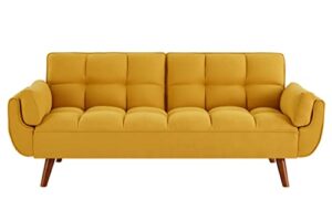 verfur futon sofa bed modern linen fabric couch convertible folding recliner loveseat for living room with 2 arm pillows and strudy wood legs, yellow