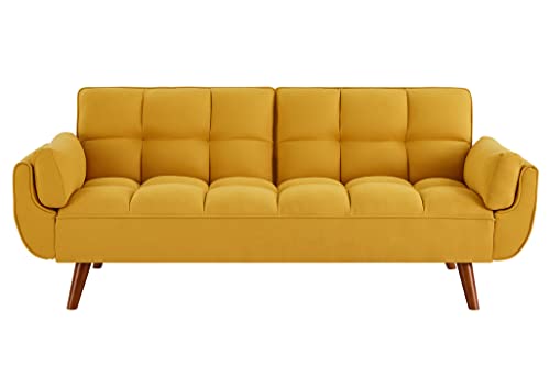 Verfur Futon Sofa Bed Modern Linen Fabric Couch Convertible Folding Recliner Loveseat for Living Room with 2 Arm Pillows and Strudy Wood Legs, Yellow