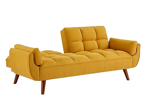 Verfur Futon Sofa Bed Modern Linen Fabric Couch Convertible Folding Recliner Loveseat for Living Room with 2 Arm Pillows and Strudy Wood Legs, Yellow