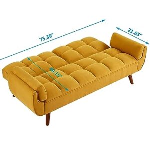 Verfur Futon Sofa Bed Modern Linen Fabric Couch Convertible Folding Recliner Loveseat for Living Room with 2 Arm Pillows and Strudy Wood Legs, Yellow