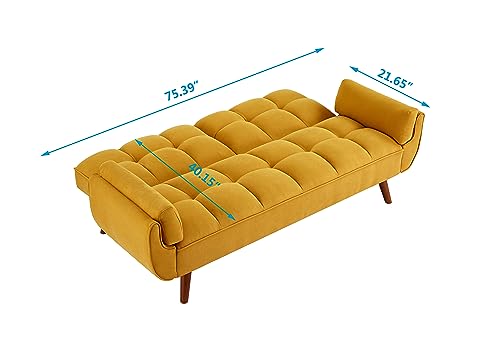 Verfur Futon Sofa Bed Modern Linen Fabric Couch Convertible Folding Recliner Loveseat for Living Room with 2 Arm Pillows and Strudy Wood Legs, Yellow