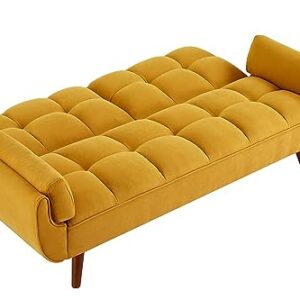 Verfur Futon Sofa Bed Modern Linen Fabric Couch Convertible Folding Recliner Loveseat for Living Room with 2 Arm Pillows and Strudy Wood Legs, Yellow