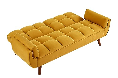 Verfur Futon Sofa Bed Modern Linen Fabric Couch Convertible Folding Recliner Loveseat for Living Room with 2 Arm Pillows and Strudy Wood Legs, Yellow