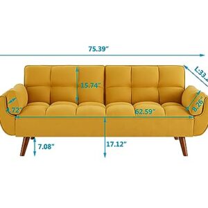 Verfur Futon Sofa Bed Modern Linen Fabric Couch Convertible Folding Recliner Loveseat for Living Room with 2 Arm Pillows and Strudy Wood Legs, Yellow