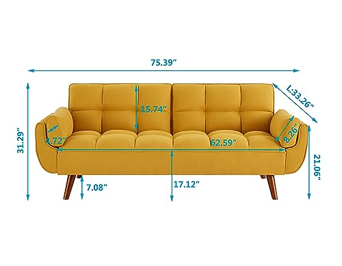 Verfur Futon Sofa Bed Modern Linen Fabric Couch Convertible Folding Recliner Loveseat for Living Room with 2 Arm Pillows and Strudy Wood Legs, Yellow